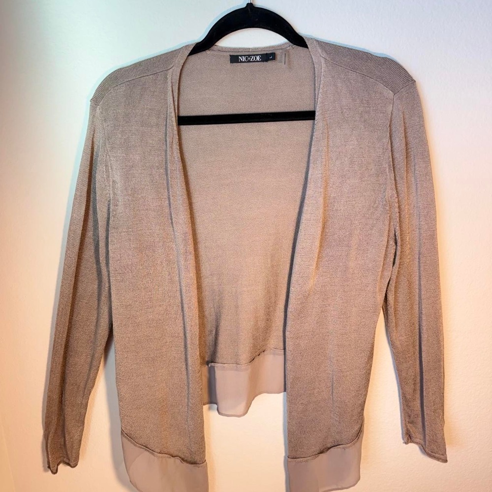 Nic + Zoe open-front cardigan w/ textured knit & sheer chiffon trim